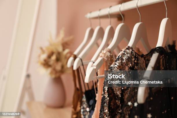 Collection Of Trendy Womens Garments On Rack Indoors Closeup And Space For Text Clothing Rental Service Stock Photo - Download Image Now