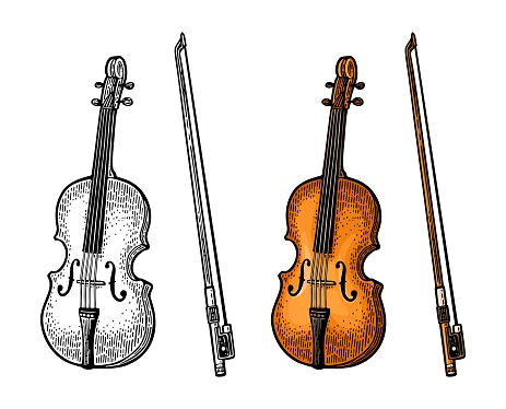 Violin with bow. Vector vintage color and monochrome engraving illustration for poster, web. Isolated on white background.