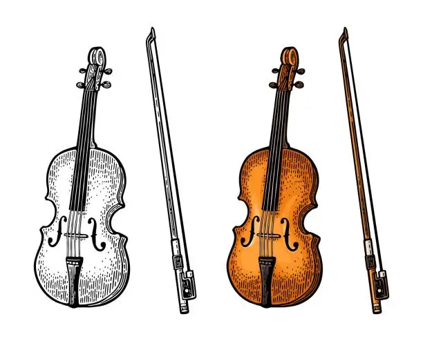Vector illustration of Violin with bow. Vector vintage color and monochrome engraving