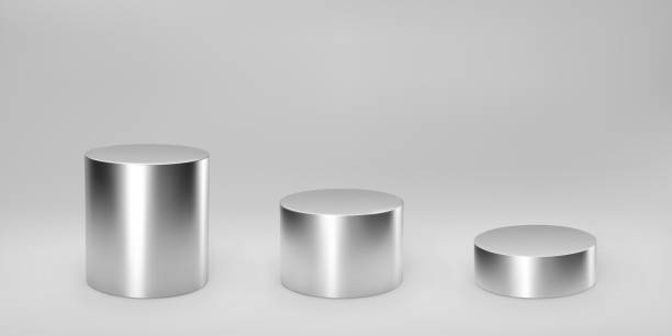 istock Silver 3d cylinder set front view and levels with perspective isolated on grey background. Cylinder pillar, chrome steel pipe, museum stages, pedestals or product podium. 3d geometric shapes vector 1321449444