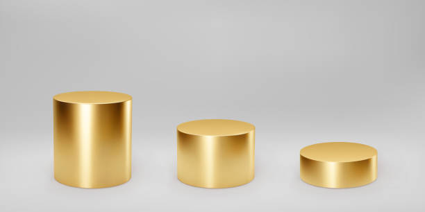 istock Gold 3d cylinder set front view and levels with perspective isolated on grey background. Cylinder pillar, golden pipe, museum stages, pedestals or product podium. 3d basic geometric shapes vector 1321449527
