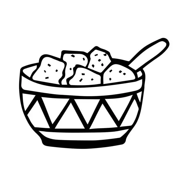 Vector illustration of A bowl of lump sugar and a spoon. Food cookies sweets. Cup with ethnic geometric pattern. Hand drawn black doodle outline silhouette. Stock vector illustration isolated on white background.