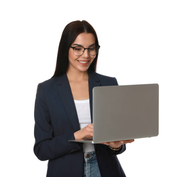 istock Young woman with modern laptop on white background 1321450638