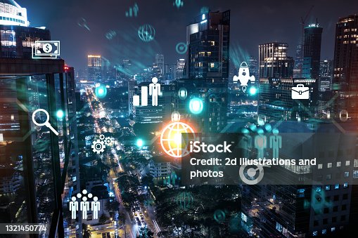 istock Research and technological development glowing icons. Night panoramic city view of Bangkok. Concept of innovative activities expanding new services or products in Asia. Double exposure. 1321450774