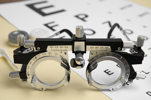 Trial frame with eye chart test on beige background, closeup. Ophthalmologist tools