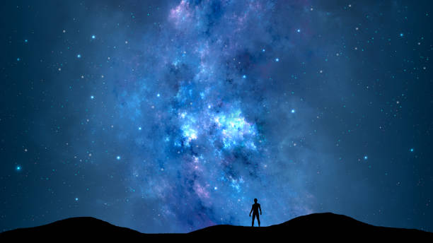 istock Space background. Silhouette man and mountain land with blue starry night sky, nebula. Success, travel, adventure 3D illustration 1321453971