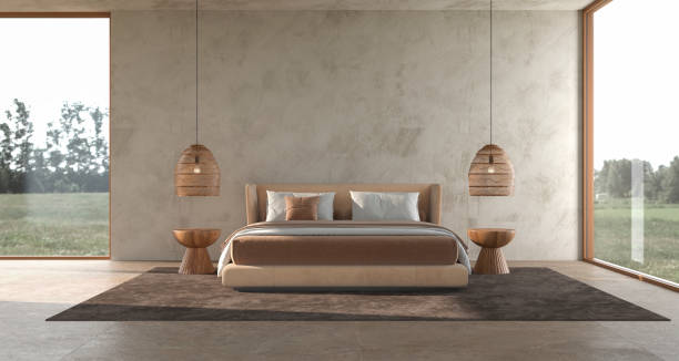 istock Minimalism modern interior scandinavian design. Bedroom with stucco wall mock up. Panoramic windows with nature view. 3d rendering illustration. 1321454135