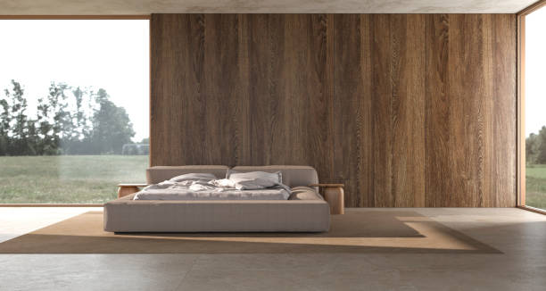 istock Minimalism modern interior scandinavian design. Bedroom with wooden wall mock up. Panoramic windows with nature view. 3d rendering illustration. 1321454139