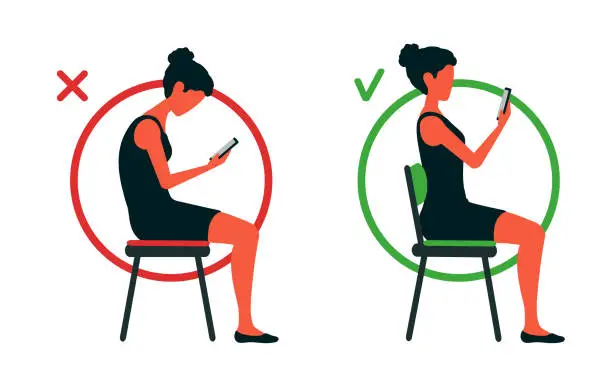 Vector illustration of A girl sits on a chair bent and straightened, reading the smartphone. Correct and incorrect sitting position. Slouching back. A posture before and after, changing. Healthy spine.