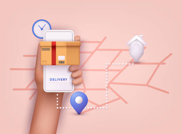 Hand holding mobile smart phone with app delivery tracking. 3D Vector Illustrations. Hand holding mobile smart phone with app delivery tracking. 3D Vector Illustrations. freight transportation illustrations stock illustrations