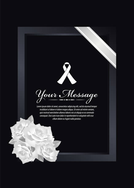 Funeral card - White ribbon sign and text banner in dark frame with white rose and white ribbon line on black background vector design Funeral card - White ribbon sign and text banner in dark frame with white rose and white ribbon line on black background vector design mourning ribbon stock illustrations