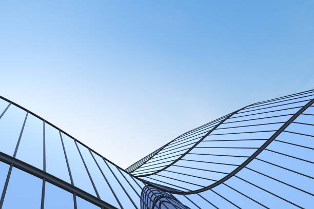 未来的な建築の低角ビュー、曲線ガラス窓付きオフィスビルの超高層ビル、3dレンダリング。 - business built structure contemporary glass ストックフォトと画像