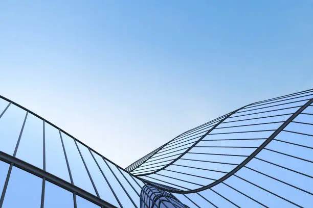 Photo of Low angle view of futuristic architecture, Skyscraper of office building with curve glass window, 3D rendering.