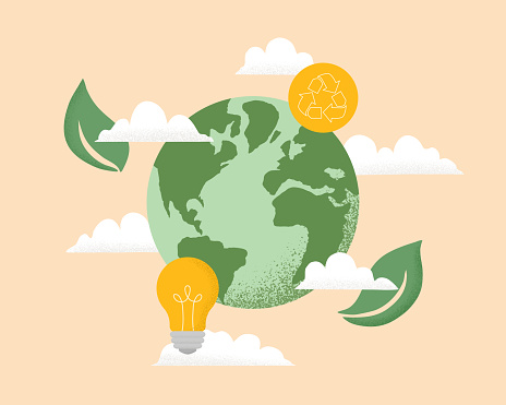 Vector illustration of Earth globe, Recycle icon, light bulb, leaves and clouds. Concept of World Environment Day, Save the Earth, sustainability, nature protection, ecological zero waste lifestyle