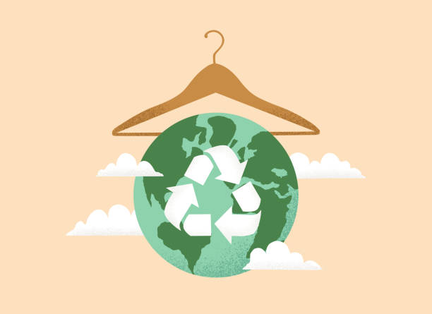 vektor-illustration von langsamen mode-konzept mit erde planet globus, kleiderbügel und wiederverwendung, reduzieren, recycling-symbol - sustainability stock-grafiken, -clipart, -cartoons und -symbole