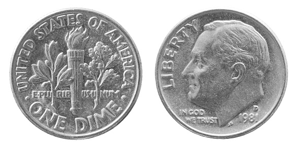 Obverse and reverse of 1981 one dime coppernickel us coin isolated on white background