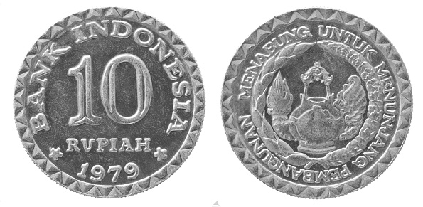 Obverse and reverse of 1979 10 ruoiah aluminium indonesian coin isolated on white background