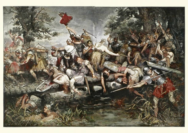 Ancient Roman soldiers fighting German warriors, Fight During the Retreat of Germanicus Vintage illustration. Fight During the Retreat of Germanicus.  After Leeke Ferdinand ancient roman civilization stock illustrations
