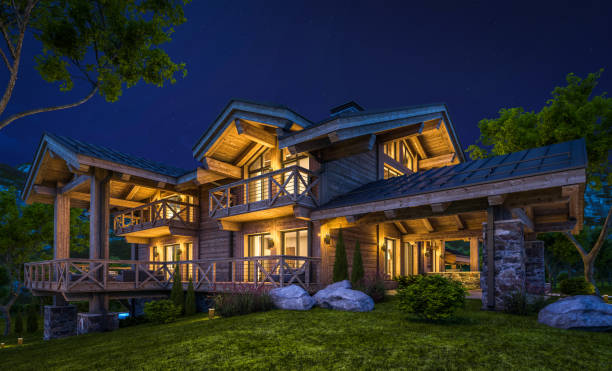 istock 3d rendering of modern cozy chalet in night 1321466612