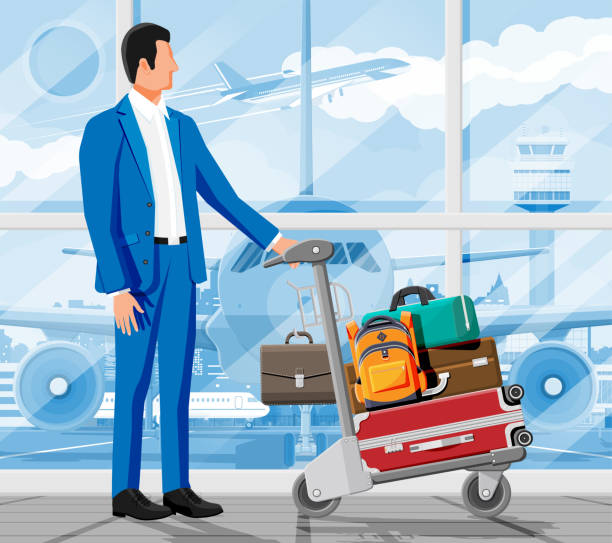 człowiek i ręka ciężarówka pełna toreb na lotnisku - luggage cart baggage claim luggage hand truck stock illustrations