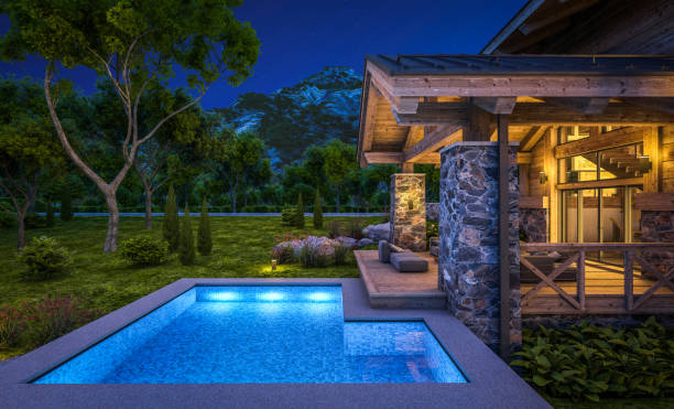 istock 3d rendering of modern cozy chalet in night 1321467170