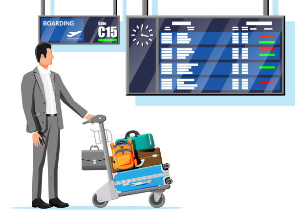 man and hand truck pełna toreb w terminalu. - luggage cart baggage claim luggage hand truck stock illustrations