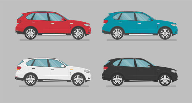 Vector suv cars. Cars of different colors. Side view. Cartoon cars in flat style. auto stock illustrations