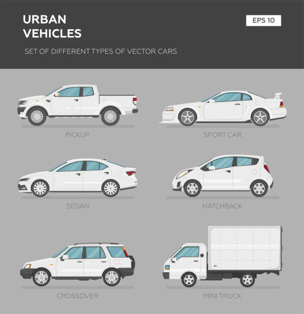 Set of isolated cars 4x4, business auto, vintage car, pickup, bus for travel, truck. Flat illustration, icon for graphic and web design hatchback side stock illustrations