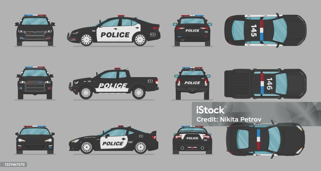 Police Car Rear Drawing American Police Cars Vector Car From Different Sides Side View Front ...