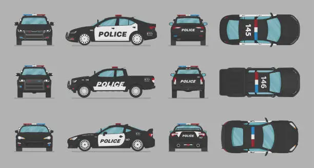 Vector illustration of American police cars. Vector car from different sides. Side view, front view, back view, top view.