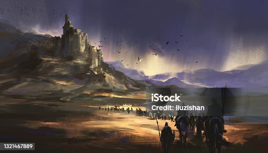 istock A legion marching towards the medieval castle, 3D illustration. 1321467889