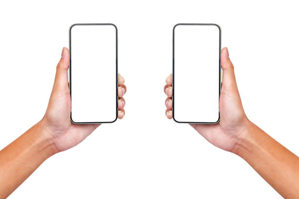 istock Hand men holding smartphone with blank screen isolated on white background 1321469417