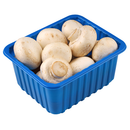 Agaricus bisporus (Chompignon ) mushrooms in a blue box isolated on a white background - 250 gramm. Whole white champignon mushrooms in plasic box. Close up.