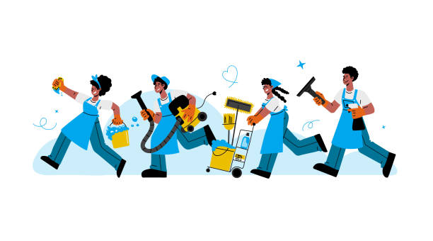 African american janitors team in rubber glove and uniform run to clean up house and office room.Vector flat illustration. African american janitors team in rubber glove rush to help.Group of men and woman in uniform run to clean up house after party, office room.Vector flat illustration. four people office stock illustrations