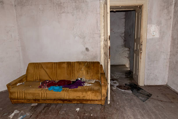 istock Abandoned ruin house an empty bed. Abandoned Bedroom 1321472380