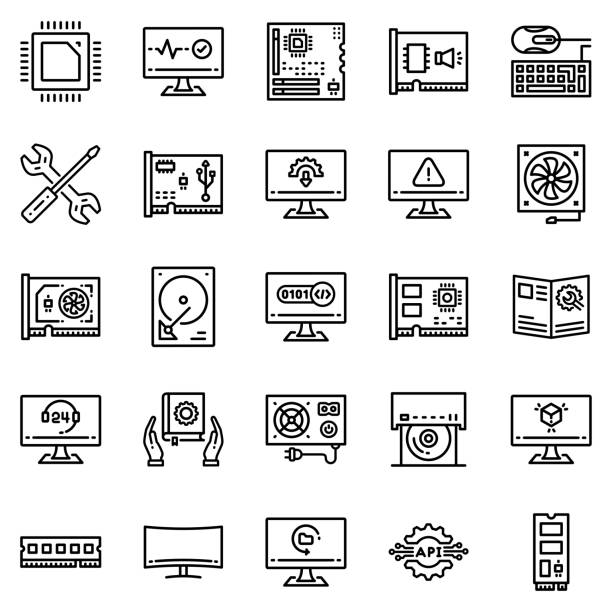 ilustrações de stock, clip art, desenhos animados e ícones de hardware icon set - vector illustration . computer, cpu, motherboard, ram, hdd, processor, thin line icons - cd instructions message dvd