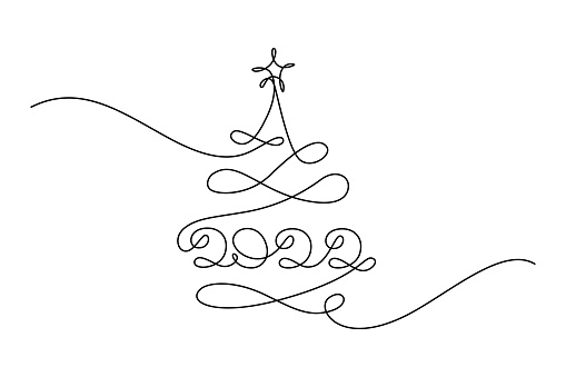 2022 New Year design in continuous line art drawing style. Christmas tree with 2022 year lettering. Minimalist black linear sketch isolated on white background. Vector illustration