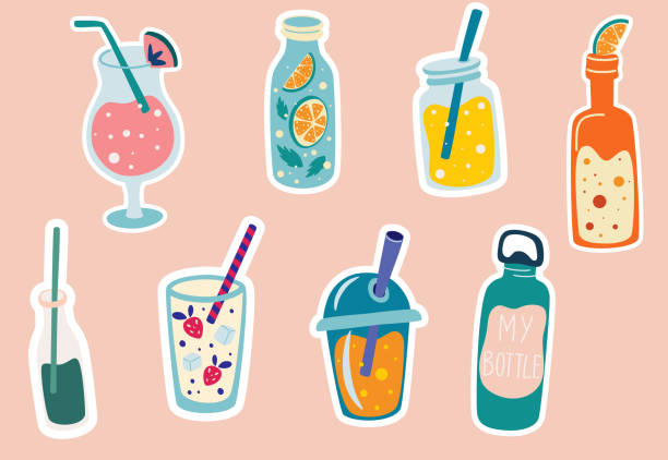 Summer drinks stickers. Cocktail, lemonade, soda, smoothies in cute bottles. Tropical party elements. Summer labels, stickers, icons, logo set. Design for cards, posters, or parties. Vector Summer drinks stickers. Cocktail, lemonade, soda, smoothies in cute bottles. Tropical party elements. Summer labels, stickers, icons, logo set. Design for cards, posters, or parties. Vector smoothie stock illustrations