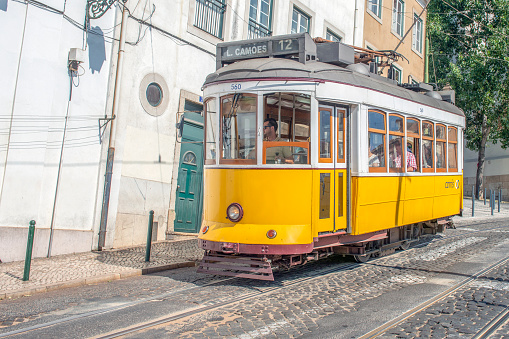 Historic tram line 28 on the drive through the city in Lisbon