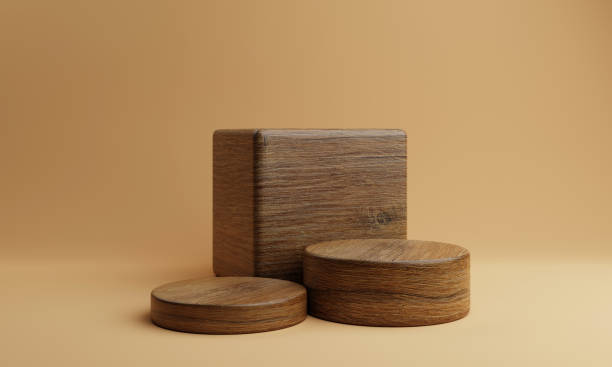 istock Three brown wooden rectangle cube and round cylinder product stage podium on orange background. Minimal fashion theme. 3D illustration rendering graphic design 1321482095