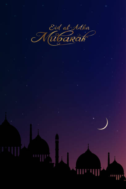 Eid al Adha Mubarak greeting card background with Silhouette Dome Mosques,Crescent Moon and Star with dusk twilight sky background,Vector Backdrop of Religions of Muslim Symbolic for Eid al fitr Eid al Adha Mubarak greeting card background with Silhouette Dome Mosques,Crescent Moon and Star with dusk twilight sky background,Vector Backdrop of Religions of Muslim Symbolic for Eid al fitr eid adha stock illustrations