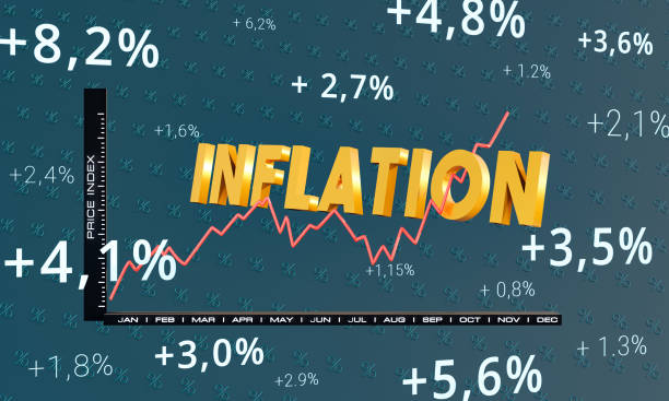 Inflation, Price Index chart with a rising red graph. The word Inflation three dimensional and yellow. Chart framed by different percentages on a blue background. 3D illustration Increasing inflation as 3D concept, 3D illustration. yield sign photos stock pictures, royalty-free photos & images