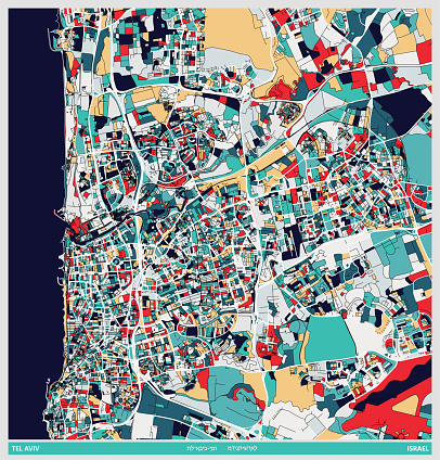 colors art illustration style map,Tel aviv city,Israel