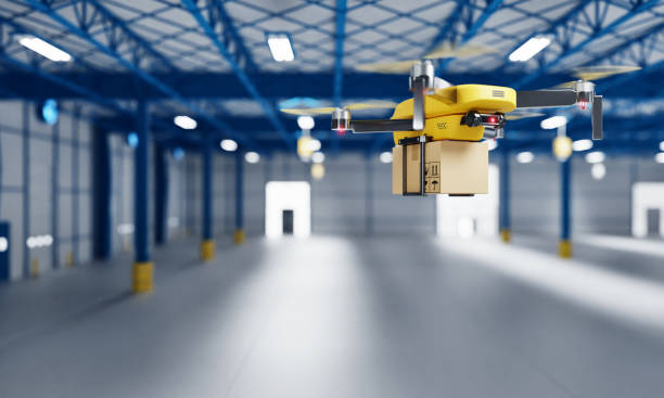 istock Delivery drone transferring parcel into empty storage as business startup factory or shipping company for component part assembling courier. Innovative technology. 3D illustration rendering 1321485300