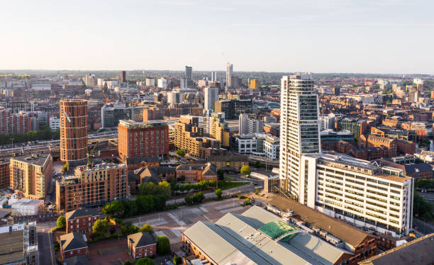 Aerial view of Leeds city centre skyline in West Yorkshire at Sunset LEEDS, UK - JUNE 2, 2021.  Aerial view of Leeds city centre skyline in West Yorkshire at sunset leeds photos stock pictures, royalty-free photos & images