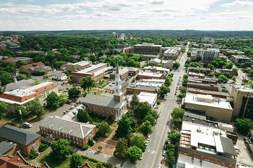 Image of Aerial on bright summer day of Kettler Hall to Rhinehart Music Center on PFW college campus