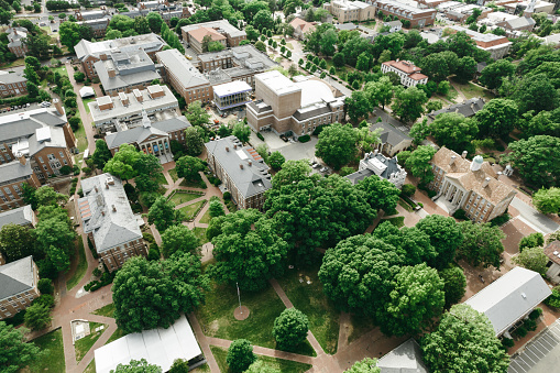 Aerial over the University of North Carolina at Chapel Hill in the Spring