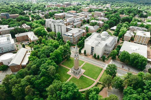 Aerial over the University of North Carolina at Chapel Hill in the Spring