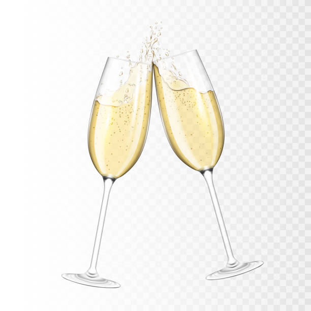 illustrazioni stock, clip art, cartoni animati e icone di tendenza di trasparente realistico due bicchieri di champagne, isolati. - bicchiere da vino