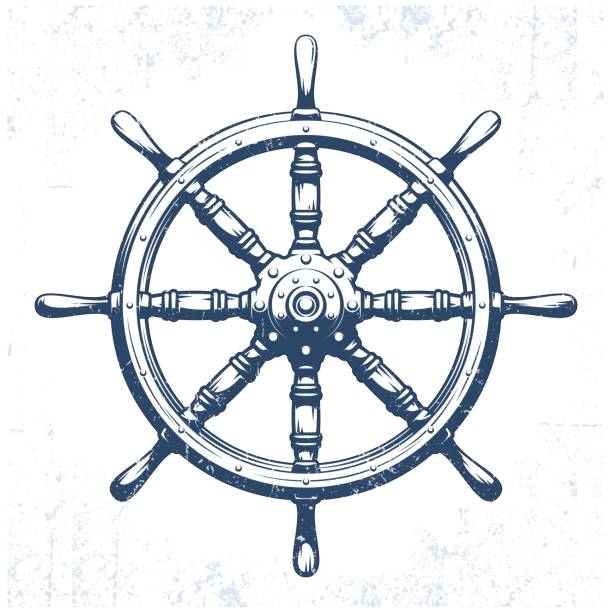 illustrazioni stock, clip art, cartoni animati e icone di tendenza di illustrazione vettoriale grunge vintage ruota della nave - helm rudder sailboat isolated